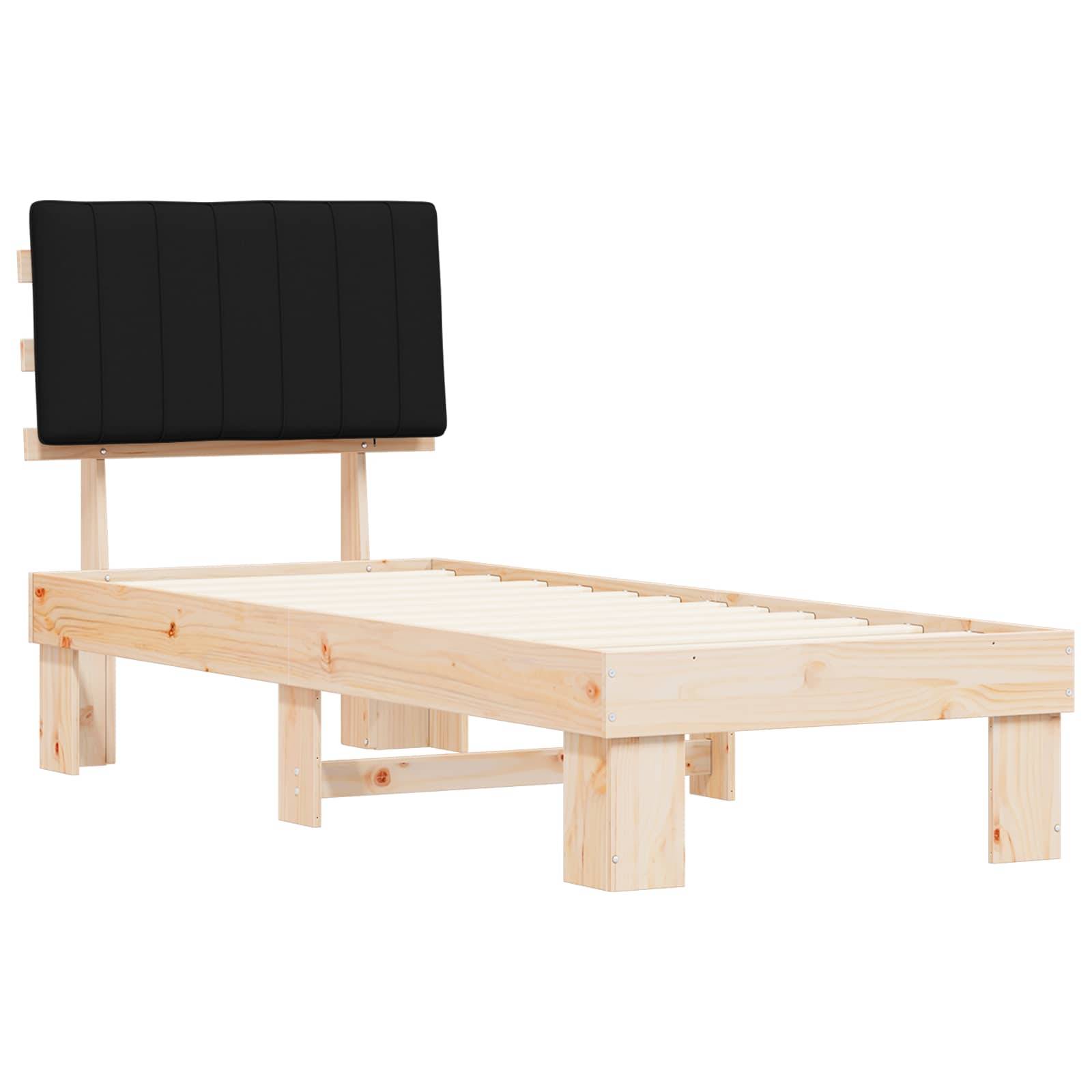 Ein Holzbettgestell mit einem schwarzen gepolsterten Kopfteil, das ein minimalistisches Design mit helzhölzerner Oberfläche und ohne Matratze aufweist.