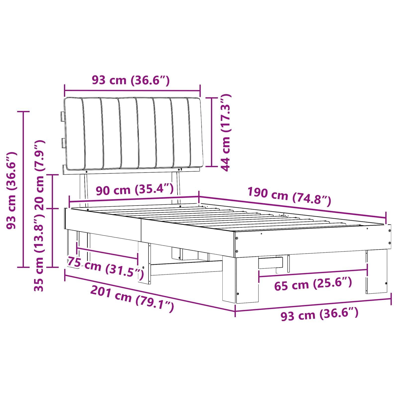Maße-Diagramm eines Bettes mit Abmessungen: Breite 93 cm (36,6