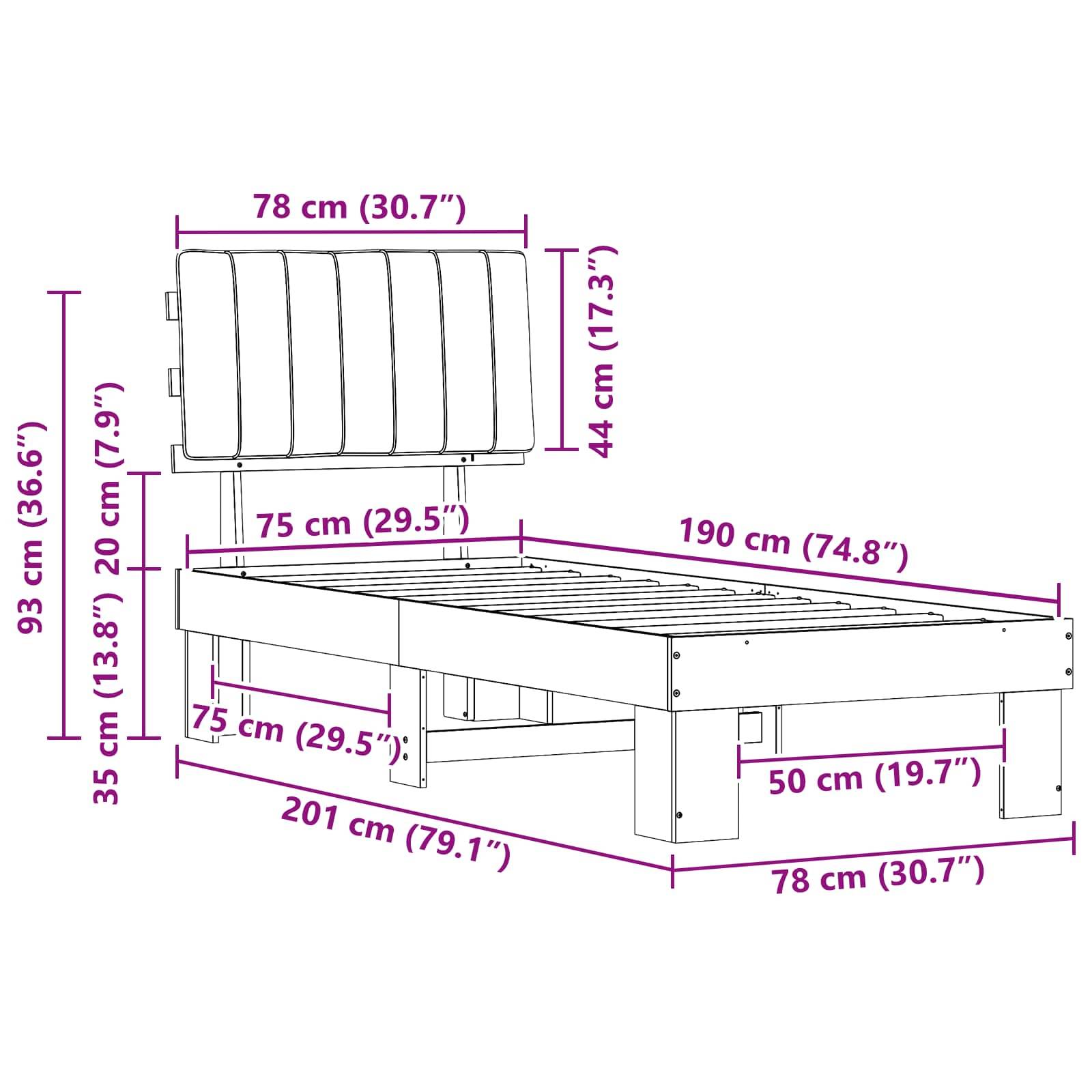 Diagramm eines Bettes mit Abmessungen: Kopfteilhöhe 93 cm, Liegebereich 190 cm x 78 cm, Bettrahmen 201 cm lang, mit Fußhöhe und Seitenmaßen.