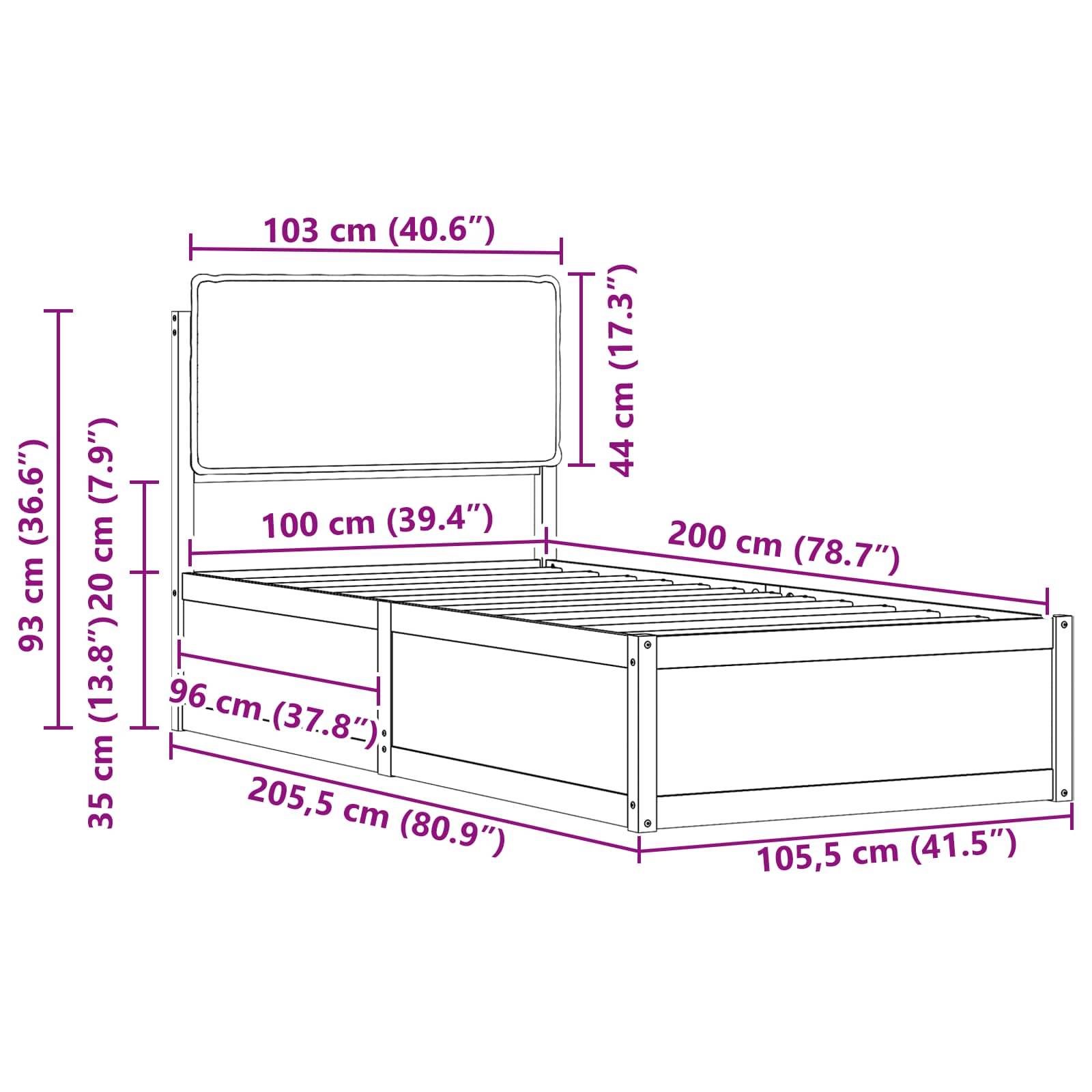 Eine Skizze eines Bettes mit Abmessungen: Breite 103 cm (40,6