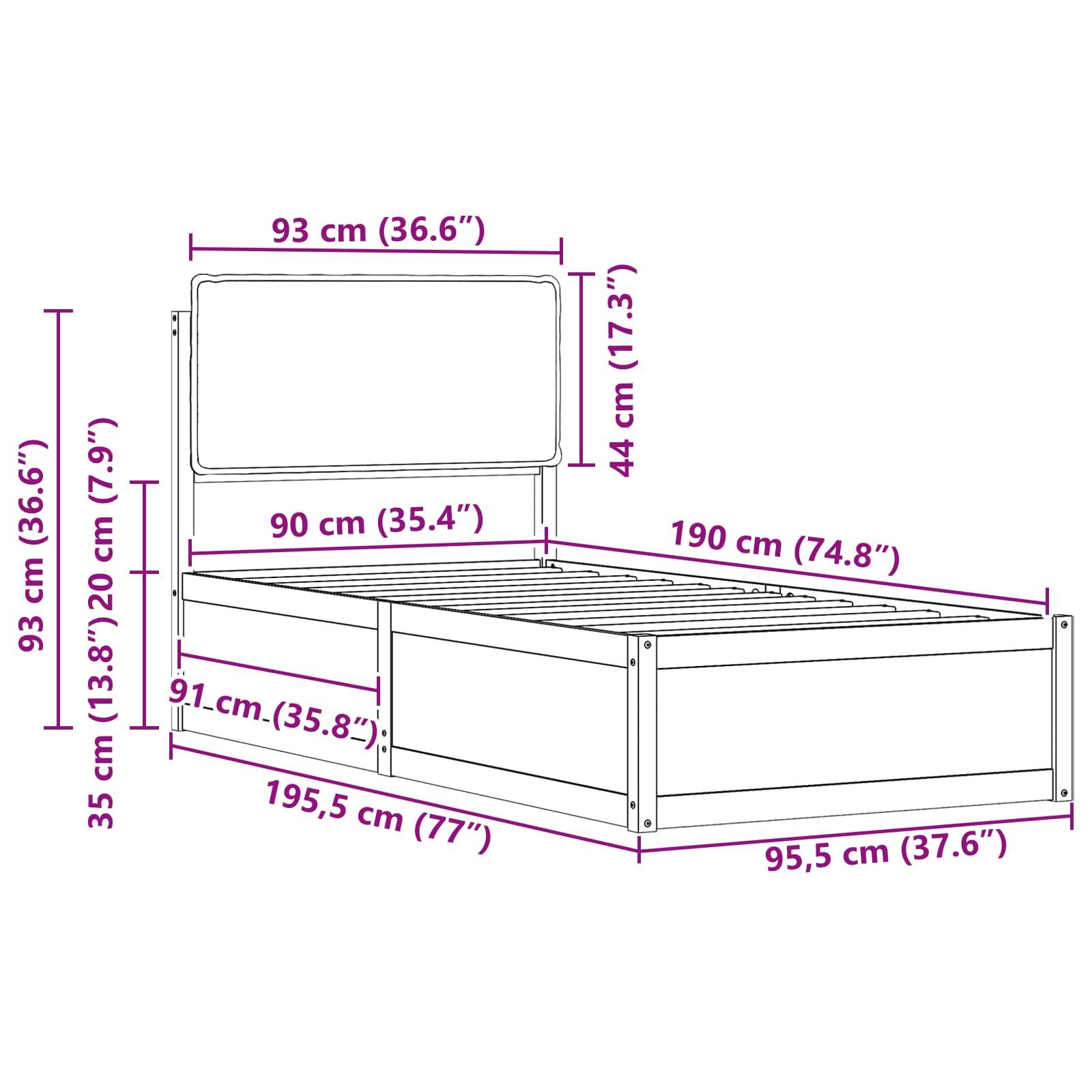 Bettmaße: 195,5 cm lang, 95,5 cm breit, 93 cm hoch. Kopfteil: 93 cm hoch. Matratzenmaße: 190 cm x 90 cm. Podesthöhe: 35 cm.