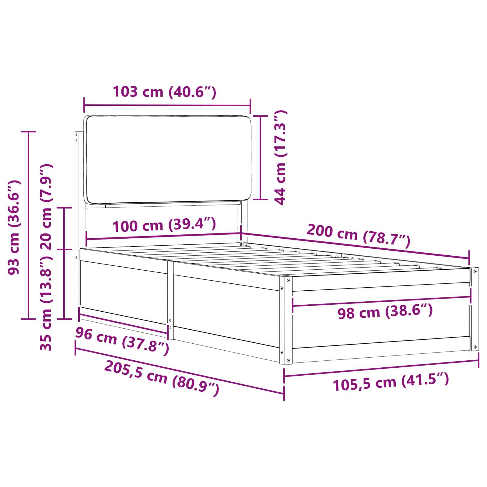 Ein Bettrahmen-Illustration mit detaillierten Maßen: Höhe 93 cm, Breite 205,5 cm, Tiefe 105,5 cm. Die Höhe des Kopfteils beträgt 100 cm.