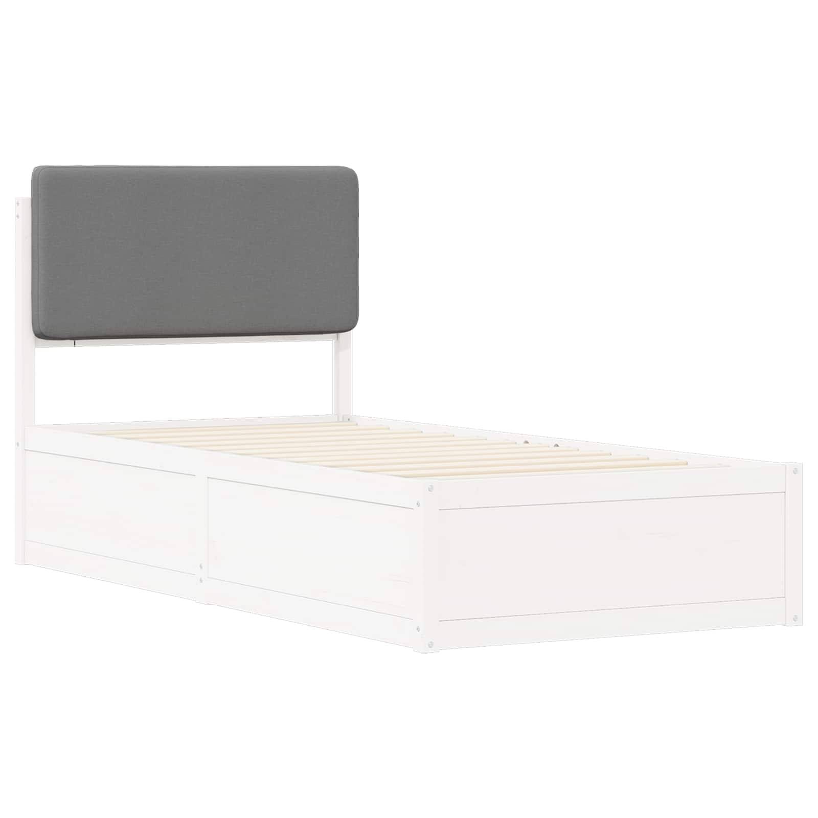 Weißer Holzbettgestell mit einem grauen gepolsterten Kopfteil, das ein minimalistisches Design ohne Matratze aufweist.