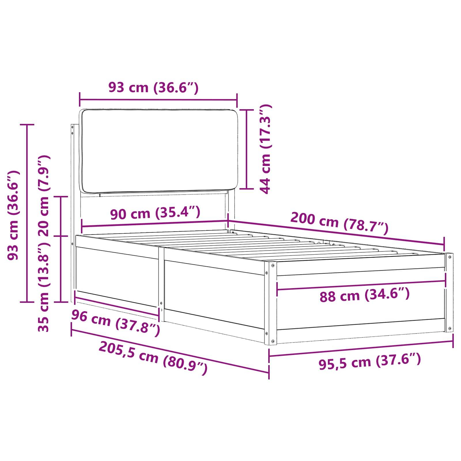 Diagramm eines Bettgestells mit Maßen: Höhe 35 cm, Breite 93 cm, Länge 205,5 cm. Kopfteil-Höhe 44 cm, Breite 90 cm. Matratzenunterlage 200 cm x 96 cm.