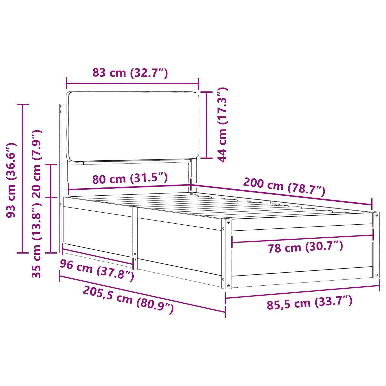 Darstellung eines Bettgestells mit Maßen: Höhe 93 cm, Breite 83 cm, Länge 200 cm, Kopfteilhöhe 44 cm und Basishöhe 35 cm.