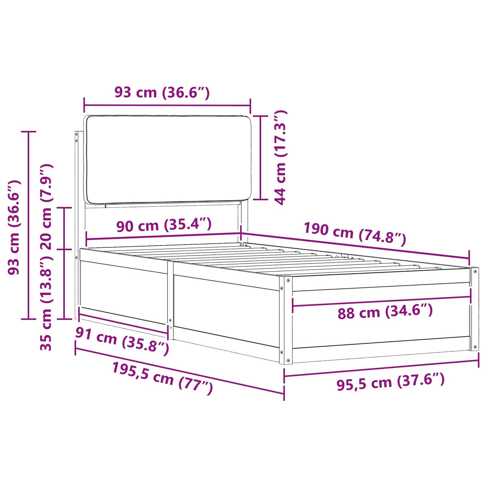 Diagramm eines Bettgestells mit Maßen: Länge 195,5 cm (77