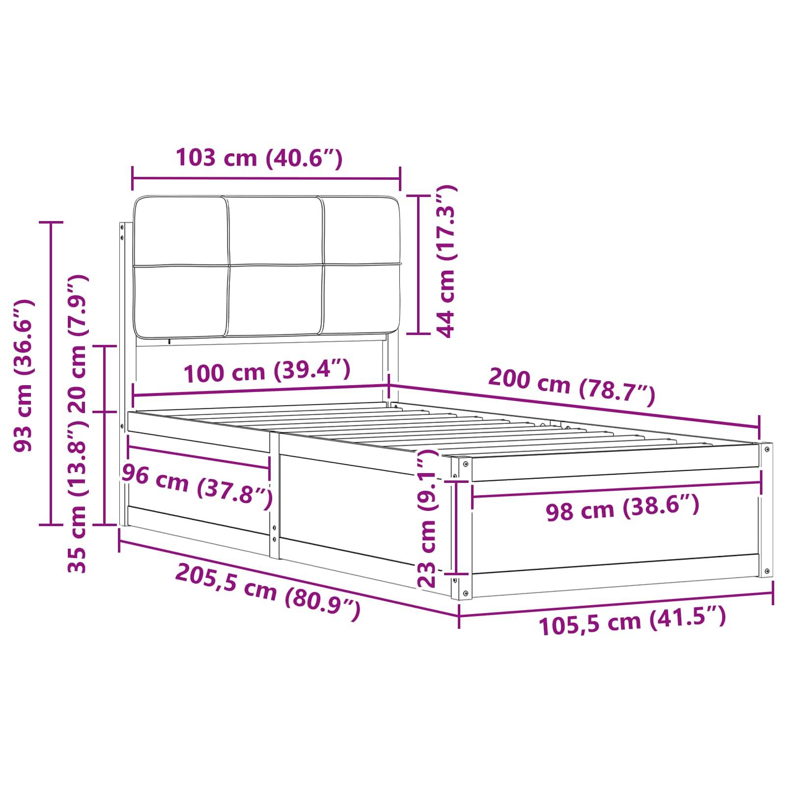 Eine Skizze eines Bettgestells mit Maßangaben in Zentimetern und Zoll. Das Bett ist 205,5 cm lang und 100 cm breit mit verschiedenen Höhendetails.