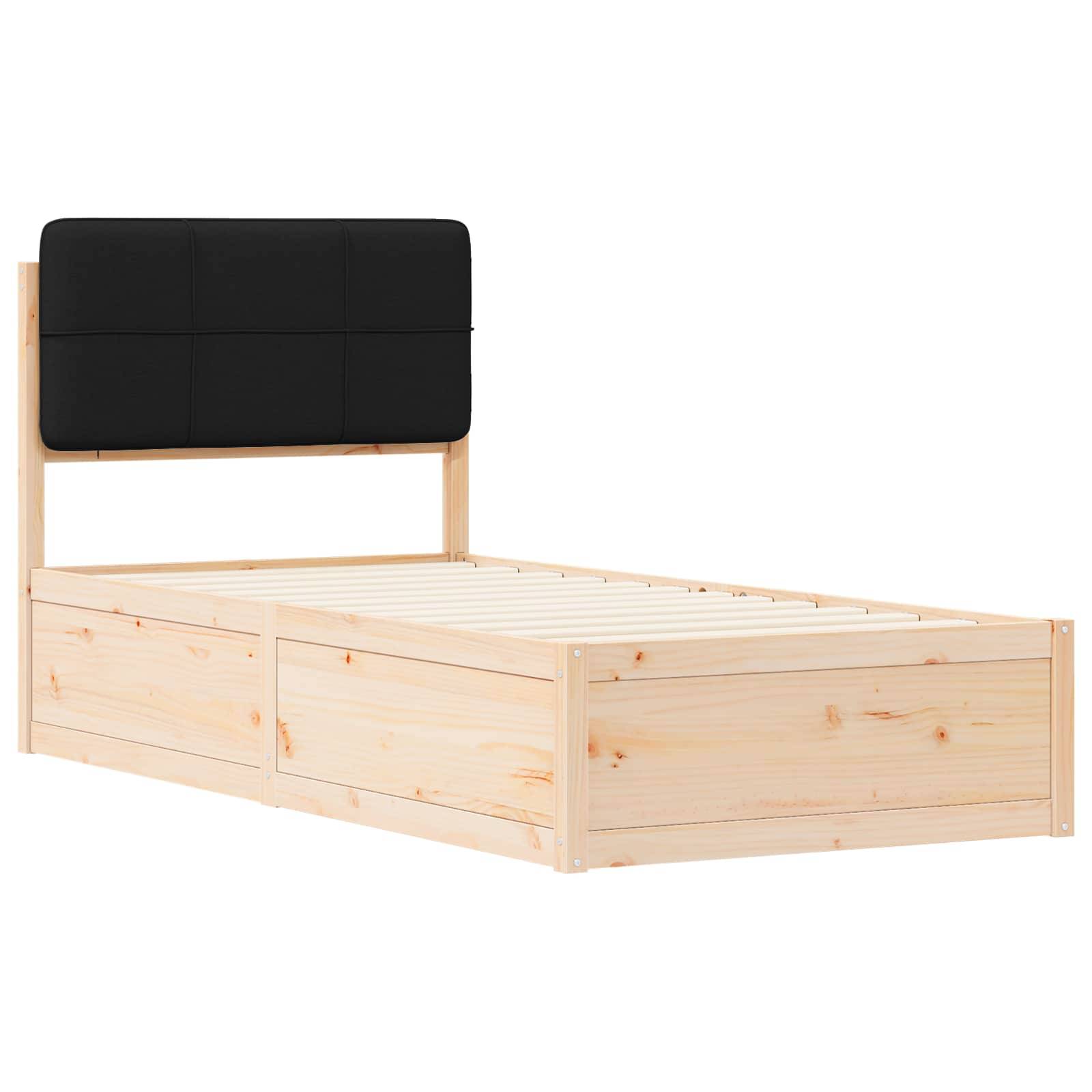 Ein Bettgestell aus hellem Holz mit einem schwarzen gepolsterten Kopfteil, das durch klare Linien und ein minimalistisches Design für ein modernes Schlafzimmer geeignet ist.