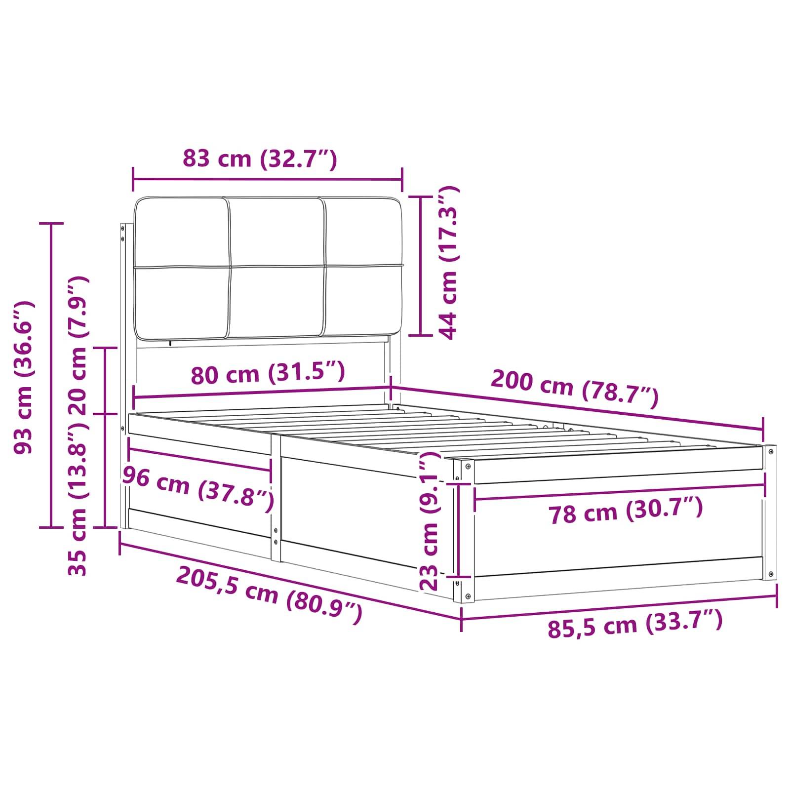 Maße eines Bettgestells in Zentimetern und Zoll. Länge: 205,5 cm (80,9