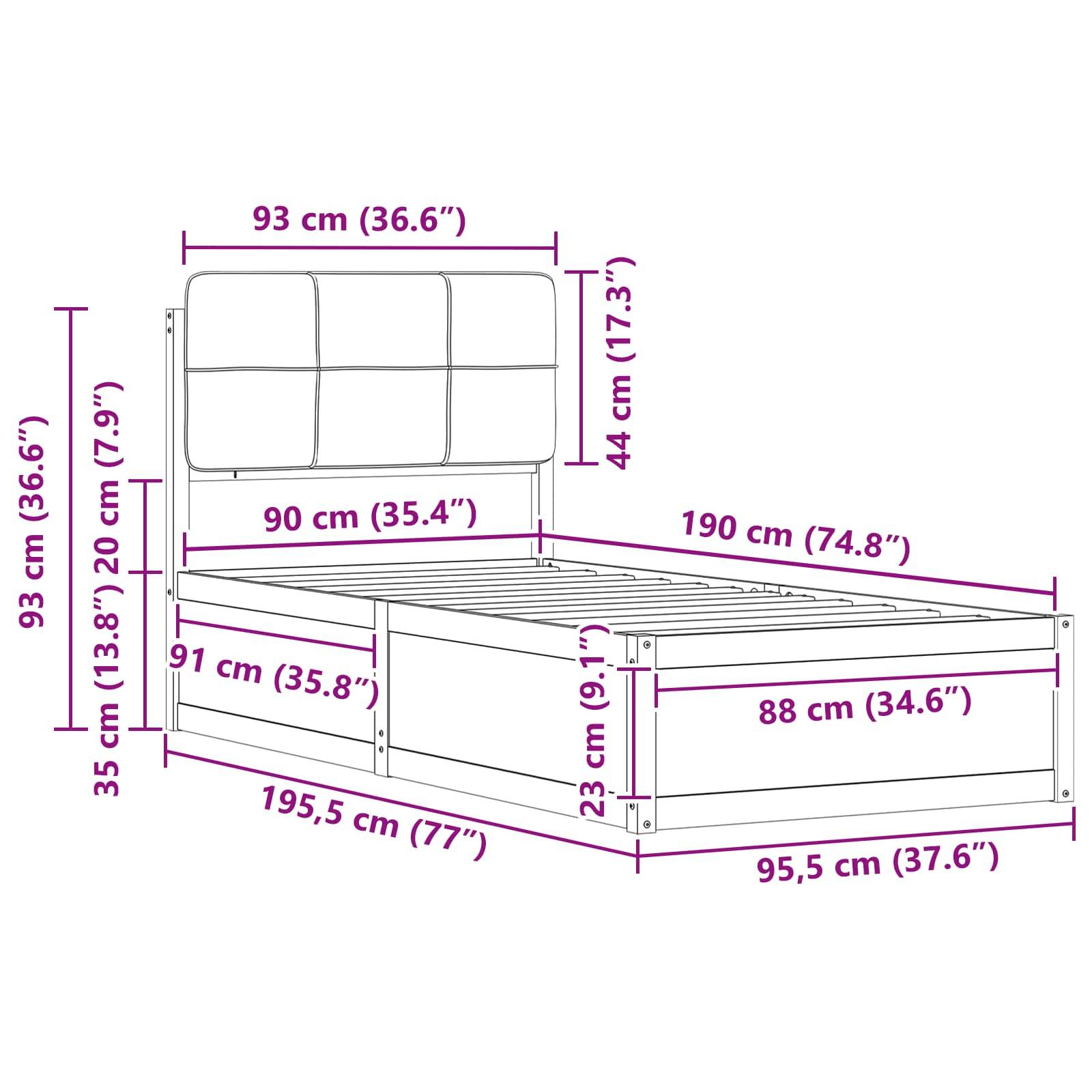Das Bild zeigt Maße eines Bettgestells: Länge 190 cm, Breite 90 cm, Höhe 93 cm. Weitere detaillierte Abmessungen sind ebenfalls beschriftet.