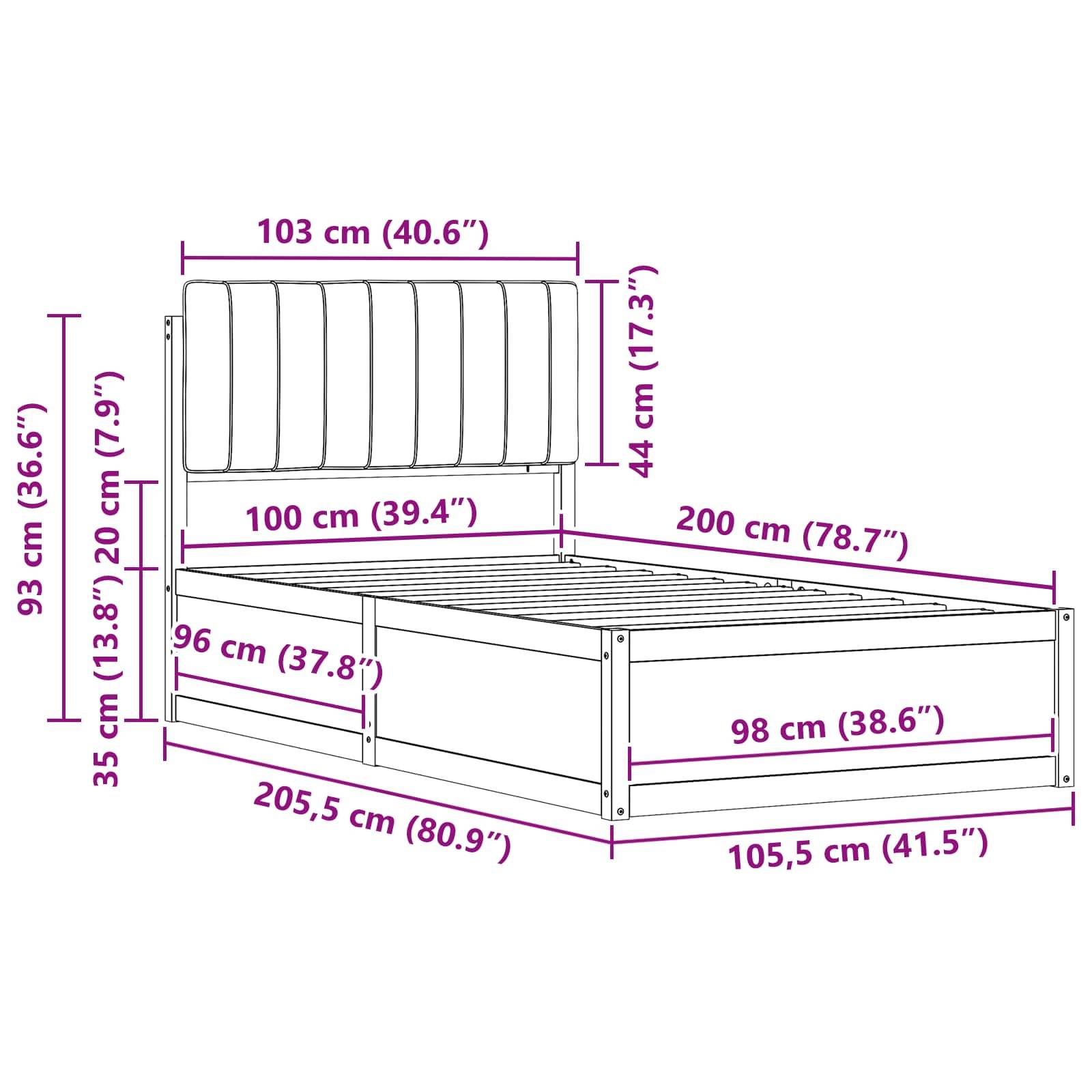 Eine Skizze eines Bettes mit Maßen: 205,5 cm Länge, 105,5 cm Breite, 96 cm Höhe. Höhe des Kopfteils: 93 cm. Matratzenbereich: 100 cm x 200 cm.