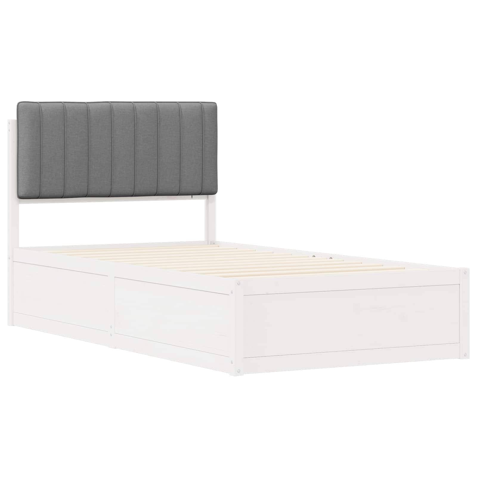 Ein weißer Einzelbettrahmen mit einem grauen gepolsterten Kopfteil, mit schlichtem Design und Holzlatten zur Matratzenunterstützung.