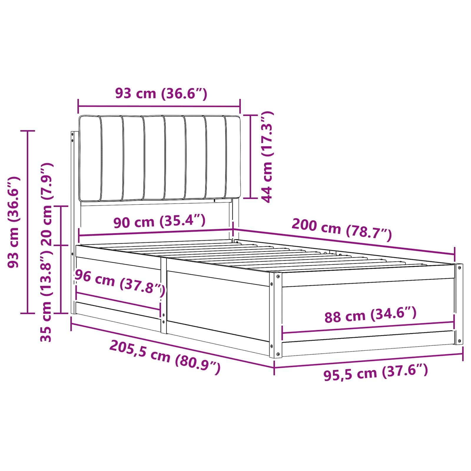 Abbildung eines Bettes mit beschrifteten Abmessungen: Länge 200 cm (78,7'), Breite 90 cm (35,4'), Höhe 93 cm (36,6').