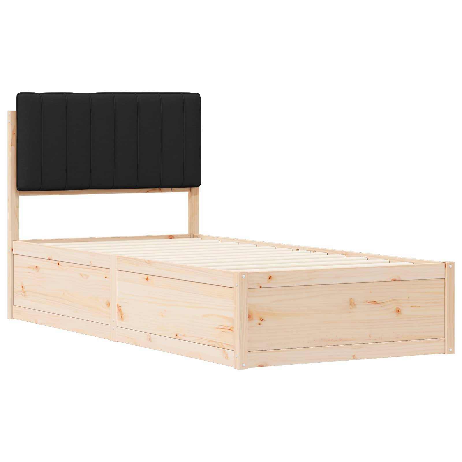 Holz-Einzelbettrahmen mit schwarzem, gepolstertem Kopfteil. Aus hellem Holz gefertigt, der seine schlichte, funktionale Gestaltung unterstreicht.