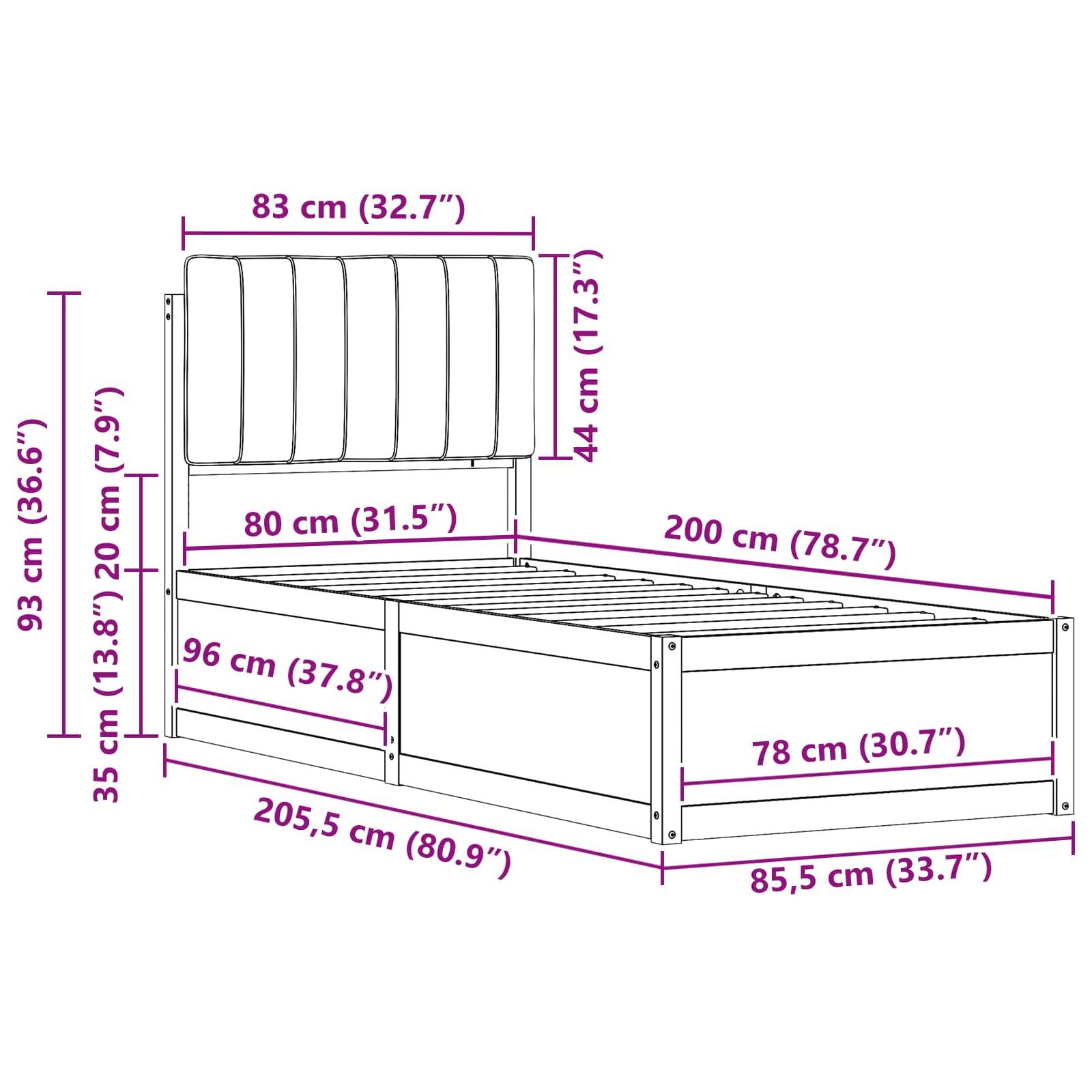 Abmessungen des Bettgestells: 93 cm hohe Kopfseite, 80 cm breit, 96 cm hohe Fußseite, 205,5 cm lang. Matratzenplatz: 200 x 80 cm.