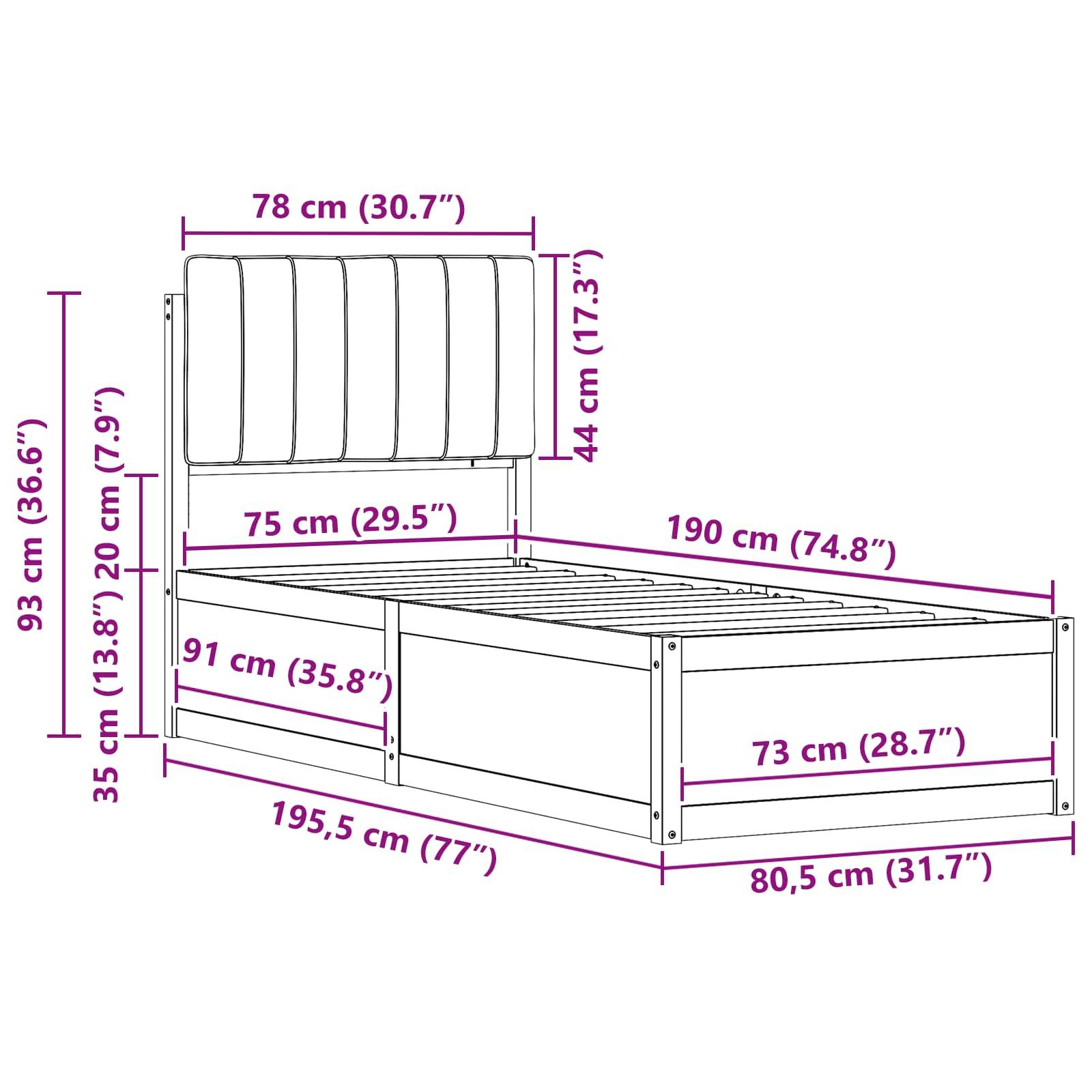 Bettrahmenabmessungen: Höhe 93 cm (36,6