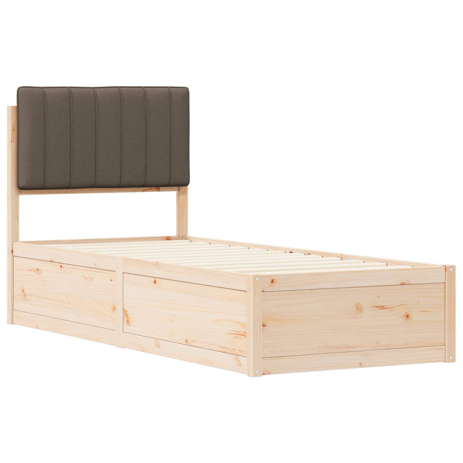 Ein Holz-Einzelbettgestell mit Lattenrost und gepolstertem dunkelgrauem Kopfteil. Keine Matratze oder Bettwäsche im Lieferumfang enthalten.