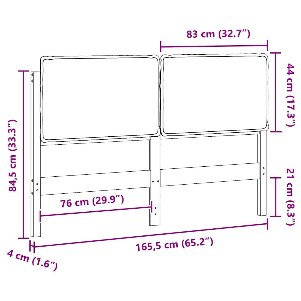 Diagramm eines Kopfteils mit Maßen: 165,5 cm breit, 84,5 cm hoch und 4 cm dick. Abschnitte messen 83 cm und 76 cm horizontal.