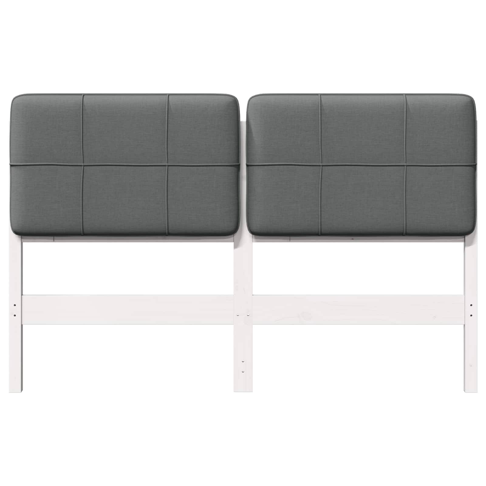 Ein grauer, moderner gepolsterter Kopfteil mit zwei Abschnitten, montiert auf einem weißen Holzrahmen. Geeignet für ein Doppel- oder Queen-Size-Bett.