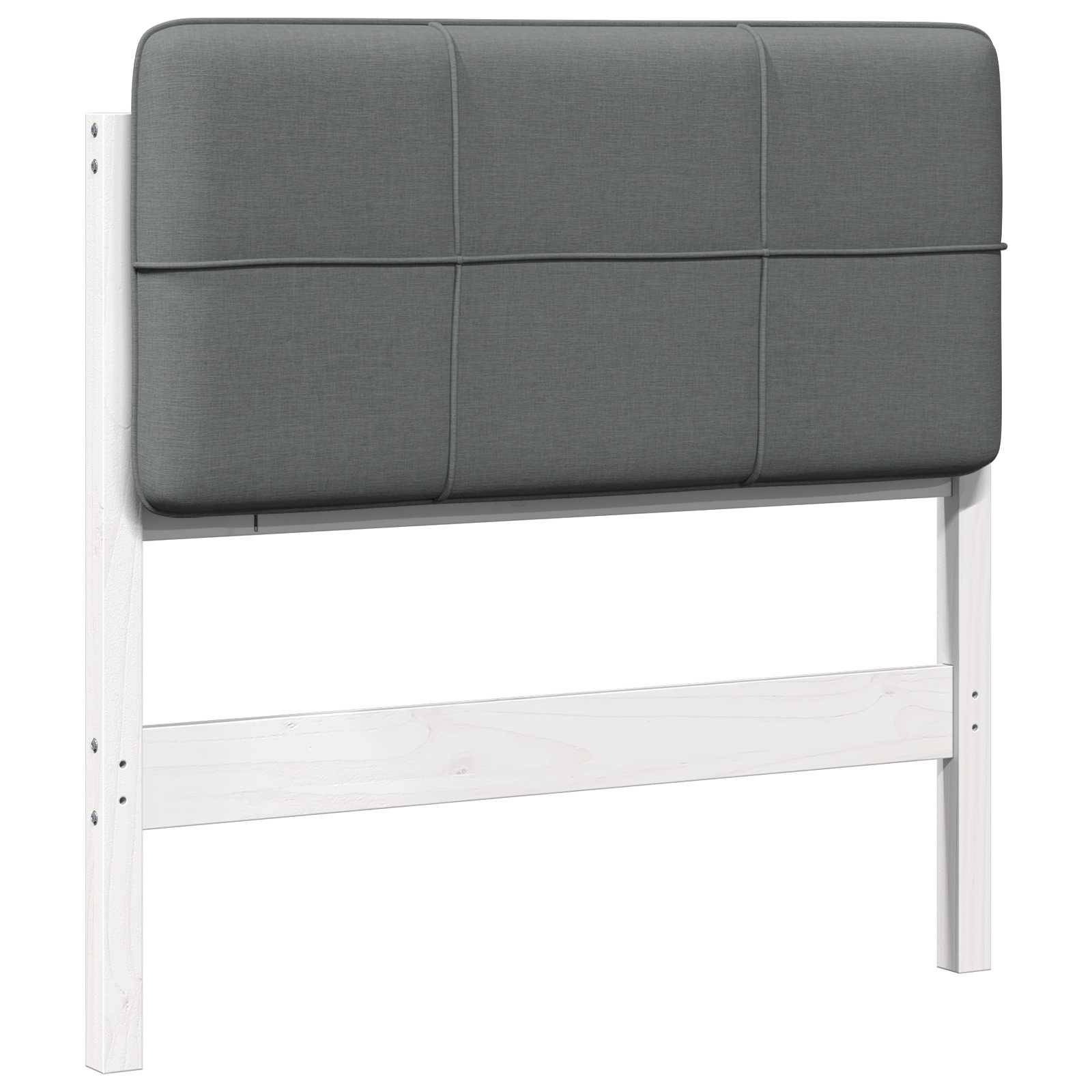 Ein grau gepolsterter Kopfteil mit minimalistischem Design, montiert auf weißen Holzstützen, für die Verwendung im Schlafzimmer vorgesehen.