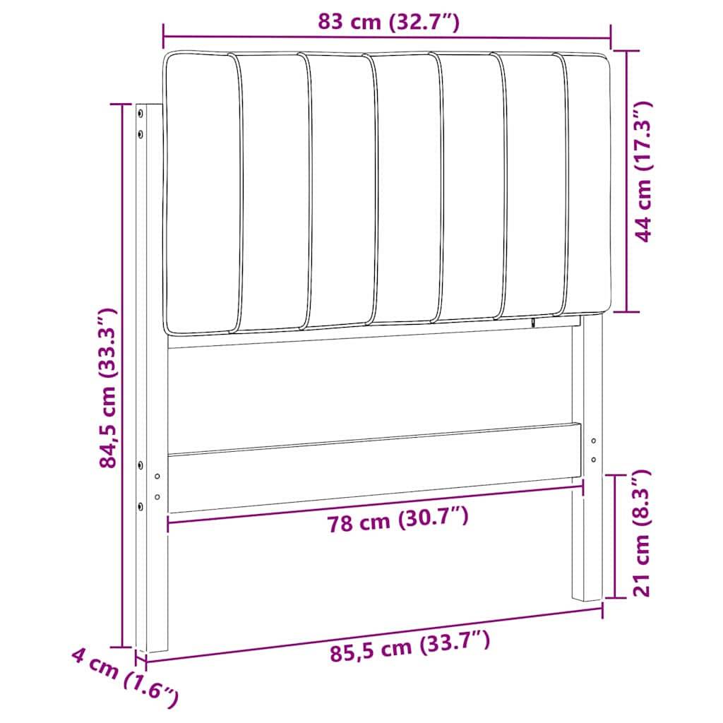 Diagramm eines Kopfteils mit Maßen: 83 cm Breite (32,7 Zoll), 84,5 cm Höhe (33,3 Zoll) und 4 cm Tiefe (1,6 Zoll).