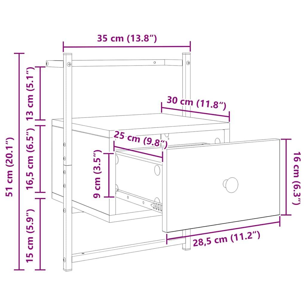 Montagezeichnung einer Schubladeneinheit mit Abmessungen: 51 cm hoch, 35 cm breit, 30 cm tief. Schubladenabmessungen: 28,5 cm Breite, 9 cm Höhe.
