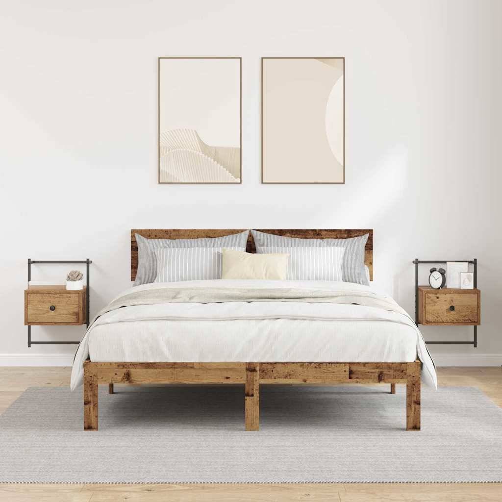 Ein minimalistisches Schlafzimmer zeigt ein Holzbett mit weißer Bettwäsche, passenden Holznachttischen und zwei abstrakten Wandkunstwerken darüber.