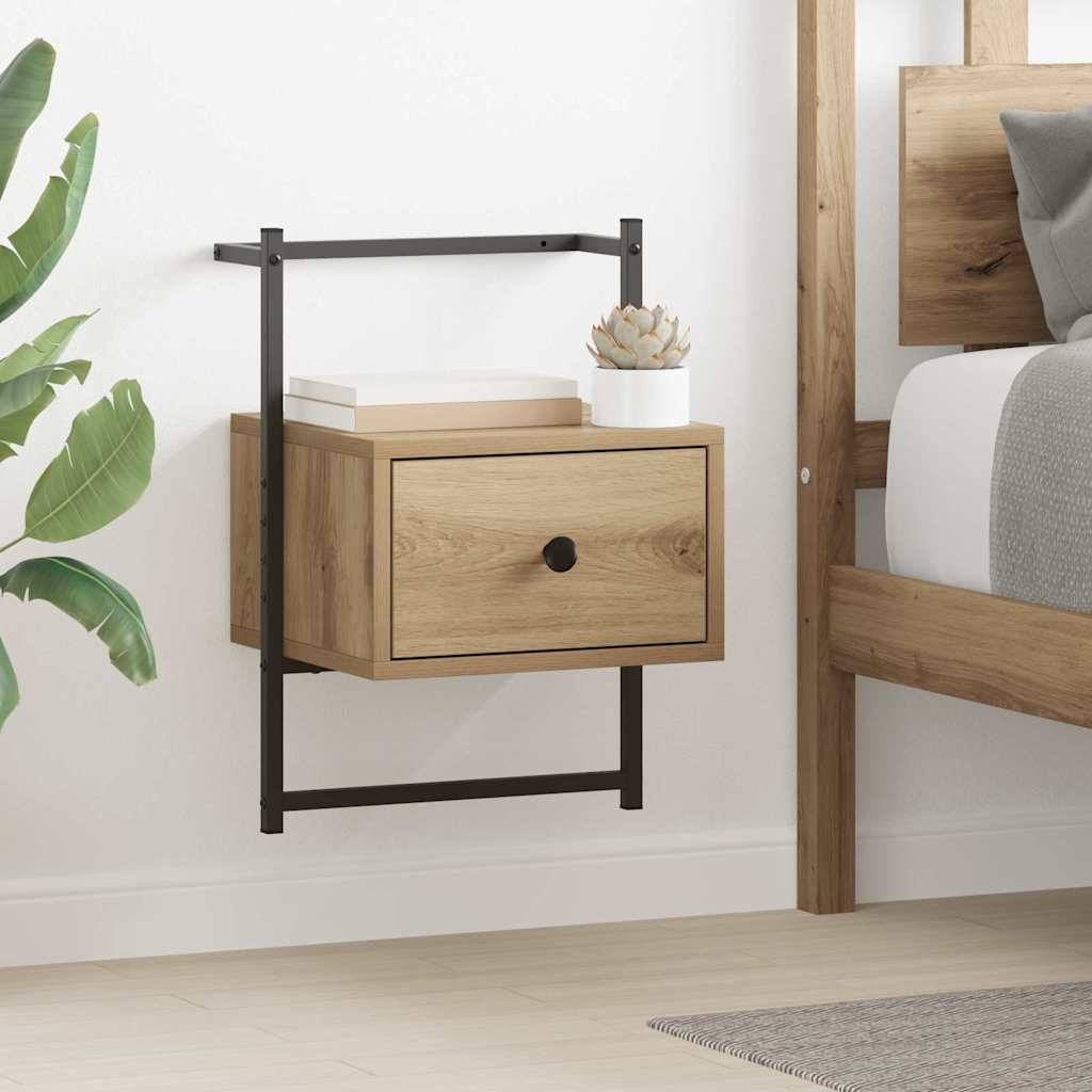 Schwimmender Nachttisch aus Holz mit einer Schublade und Metallrahmen, der neben einem Holzbett an einer weißen Wand mit einer Topfpflanze steht.