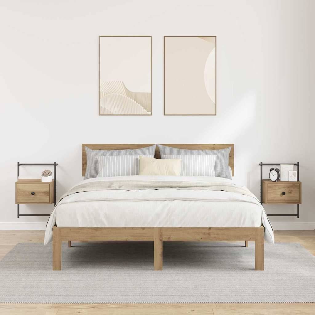 Ein minimalistisches Schlafzimmer mit einem Holzbettgestell, weißer Bettwäsche und abstrakter Kunst an der Wand. Zwei kleine Holznachttische tragen dekorative Gegenstände.