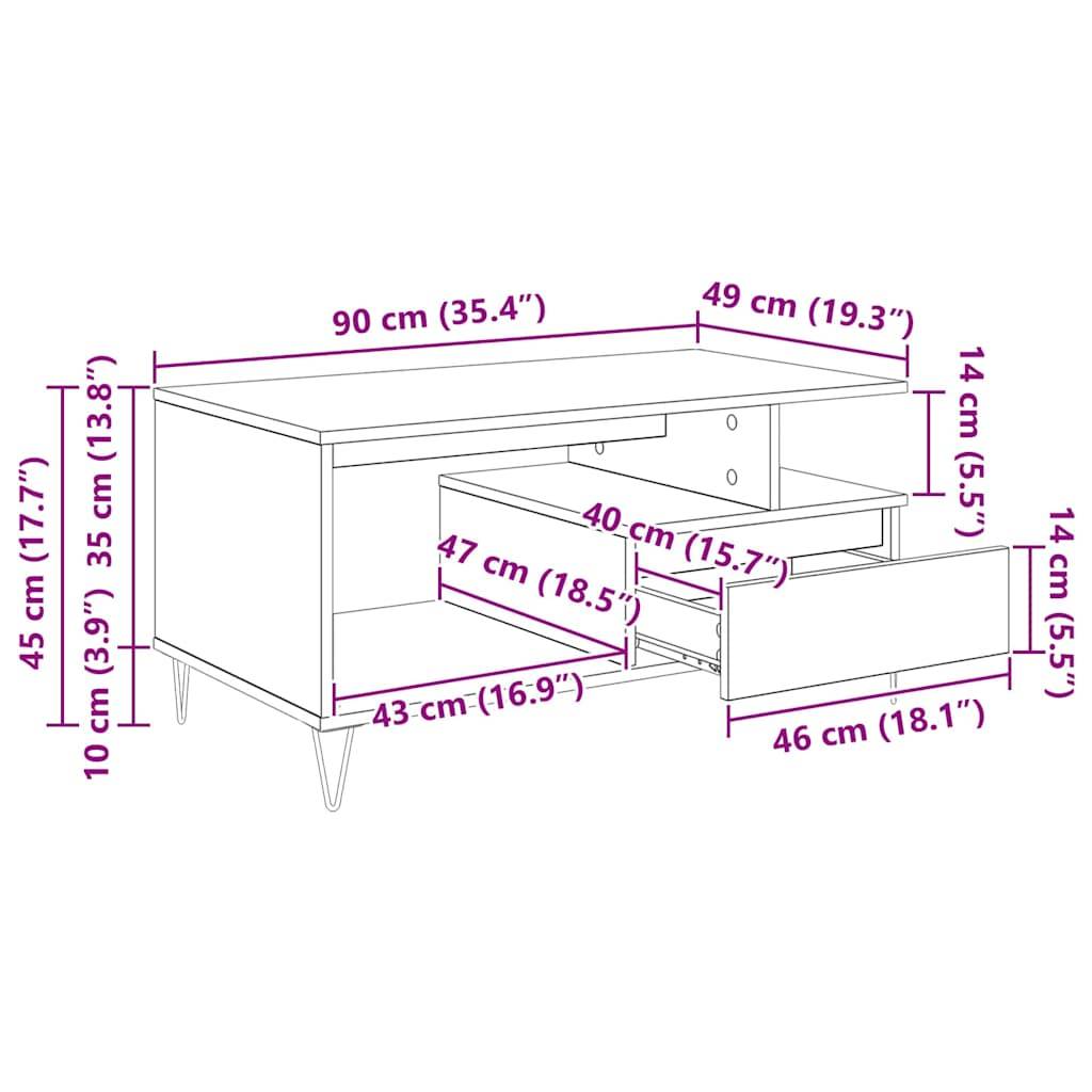 vidaXL Couchtisch Schwarz Eichen-Optik 90 x 49 x 45 cm Holzwerkstoff