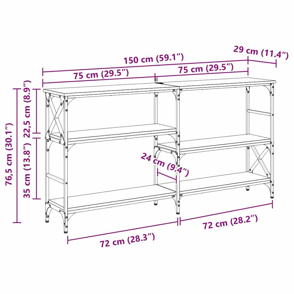 Ein dreistufiges Metallregal mit Maßen: Höhe 76,5 cm, Breite 150 cm, Tiefe 29 cm, Ablagen in Abständen von 35 cm und 24 cm.