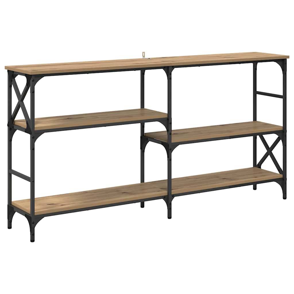 Ein dreistufiges Holzregal mit schwarzem Metallrahmen. Das Regal hat ein industrielles Design mit offenen Seiten und Kreuzstreben als Unterstützung.