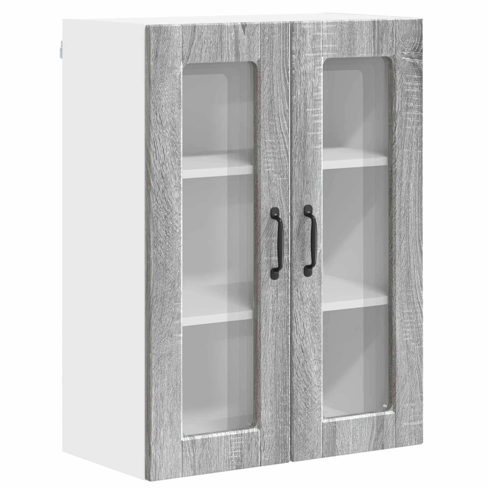 Ein grauer Holzschrank mit zwei Glastüren und schwarzen Griffen. Das Innere verfügt über drei Regale, die durch das Glas sichtbar sind.