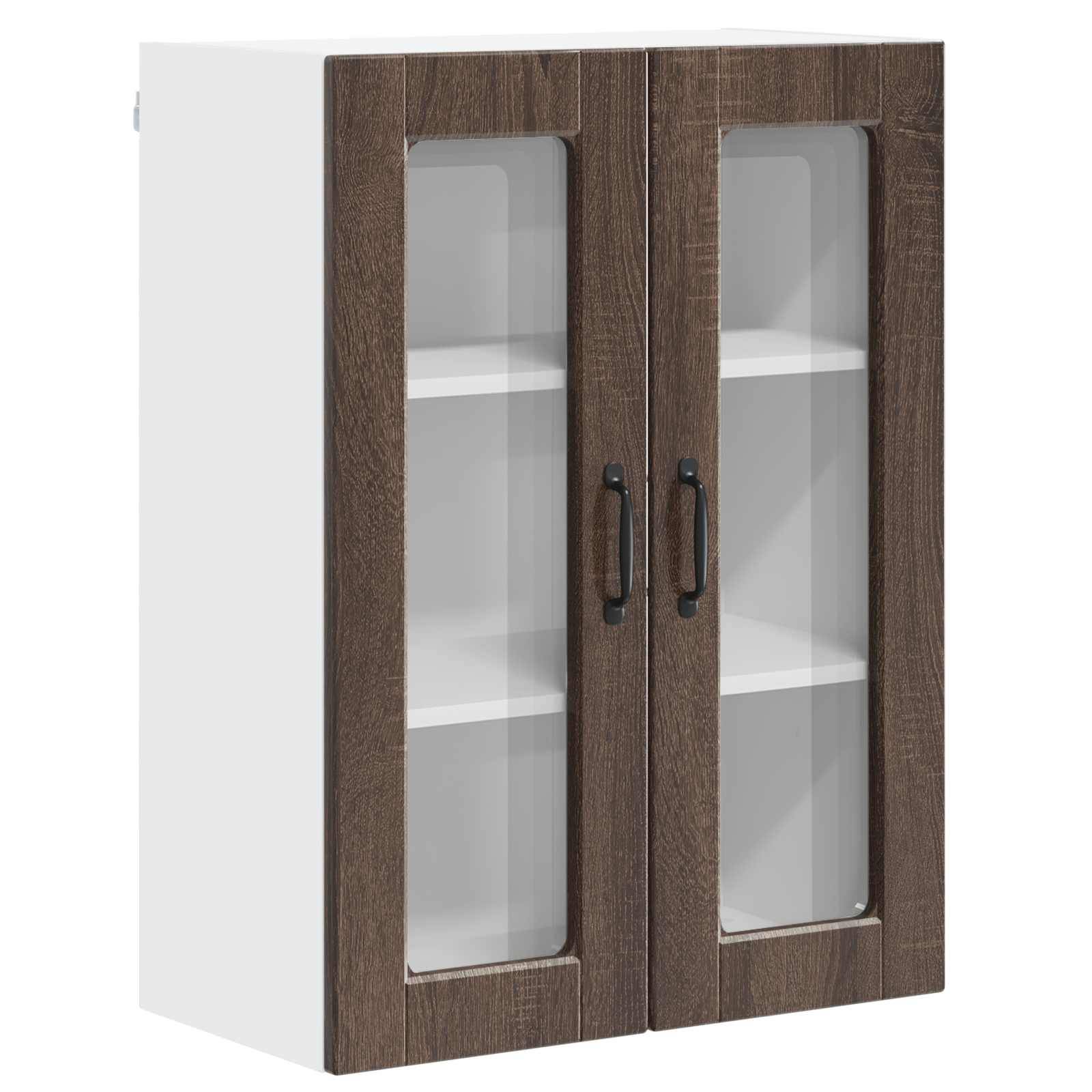Ein weißer Wandschrank mit zwei Glastüren aus Holz und dunklen Griffen, ausgestattet mit Einlegeböden zur Aufbewahrung.