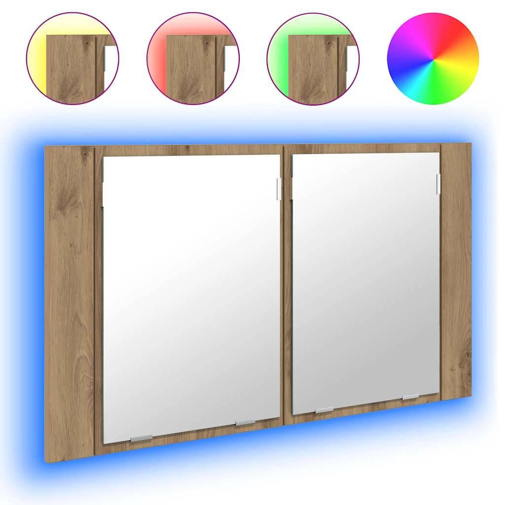 Spiegelschrank mit Doppelflügeltür in Holzoptik und LED-Beleuchtung. Mit verstellbaren LED-Farben: Gelb, Rosa, Grün und Blau.