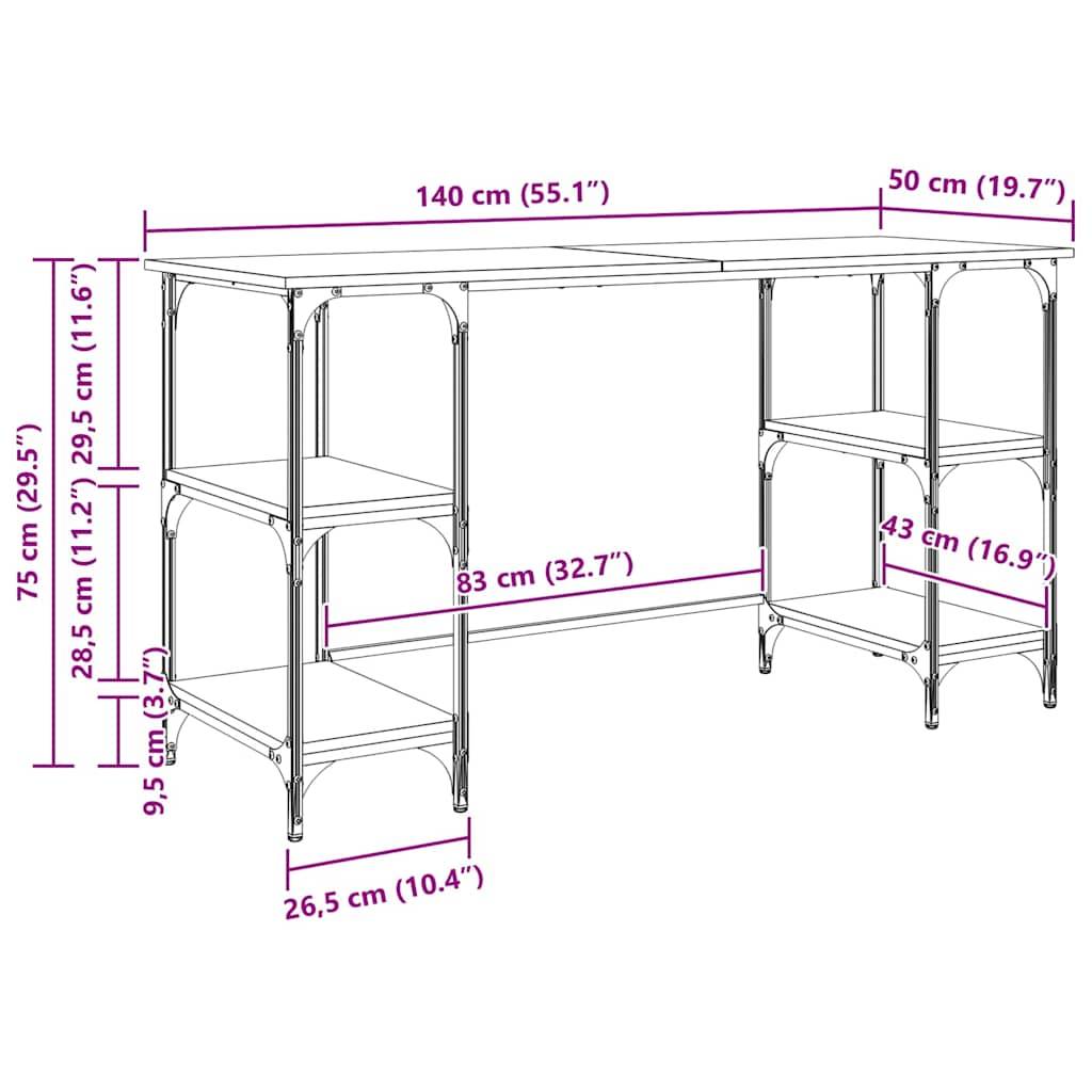 Schreibtisch-Abmessungen: Breite 140 cm, Tiefe 50 cm, Höhe 75 cm. Seitenregale: 28,5 cm, 11,6