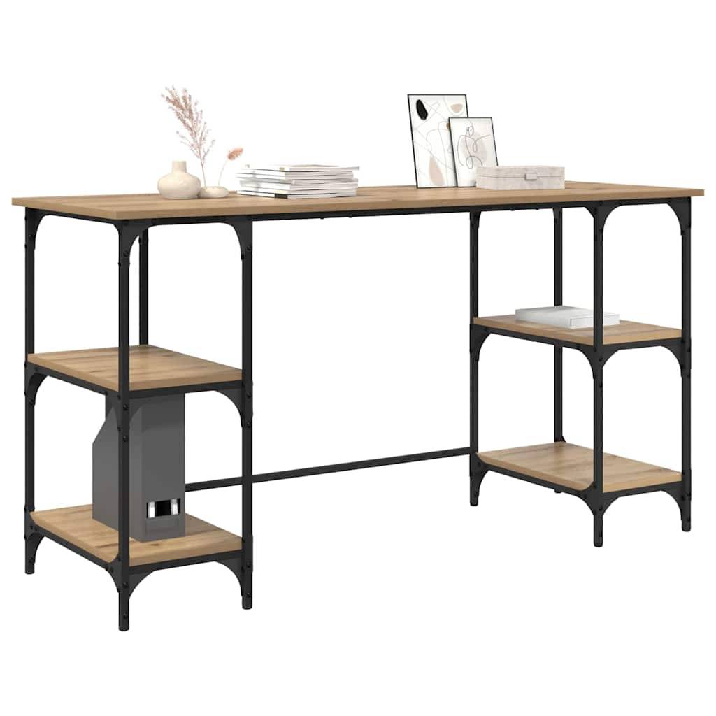 Ein moderner, rechteckiger Holzschreibtisch mit schwarzem Metallgestell, der Regale an beiden Seiten und dekorative Gegenstände auf der Oberfläche aufweist.