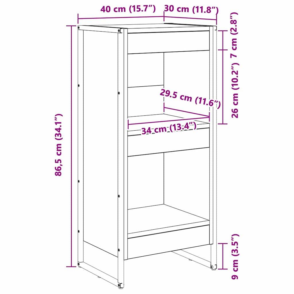 Eine illustrierte Montageanleitung für eine Regalkonstruktion mit Maßen: 86,5 cm Höhe, 40 cm Breite und 30 cm Tiefe. Enthält zwei Einlegeböden.