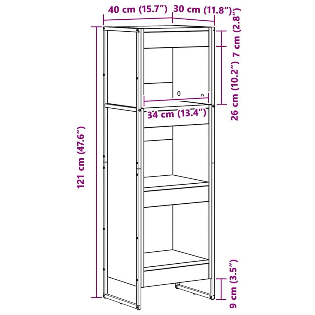 Hohe Regale mit drei Fächern: oberes Fach 40 cm breit, 30 cm tief, mittleres Fach 34 cm breit und unteres Fach 24 cm hoch. Gesamthöhe beträgt 121 cm.