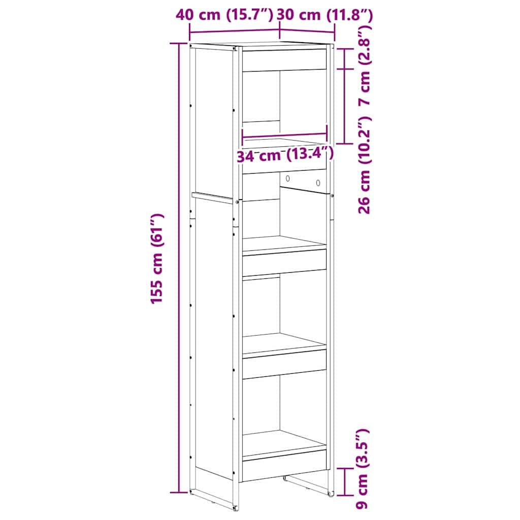 Hoher Aufbewahrungsschrank mit vier Regalböden. Abmessungen: 155 cm hoch, 40 cm breit und 30 cm tief. Regalhöhen: oben 26 cm, unten 9 cm.