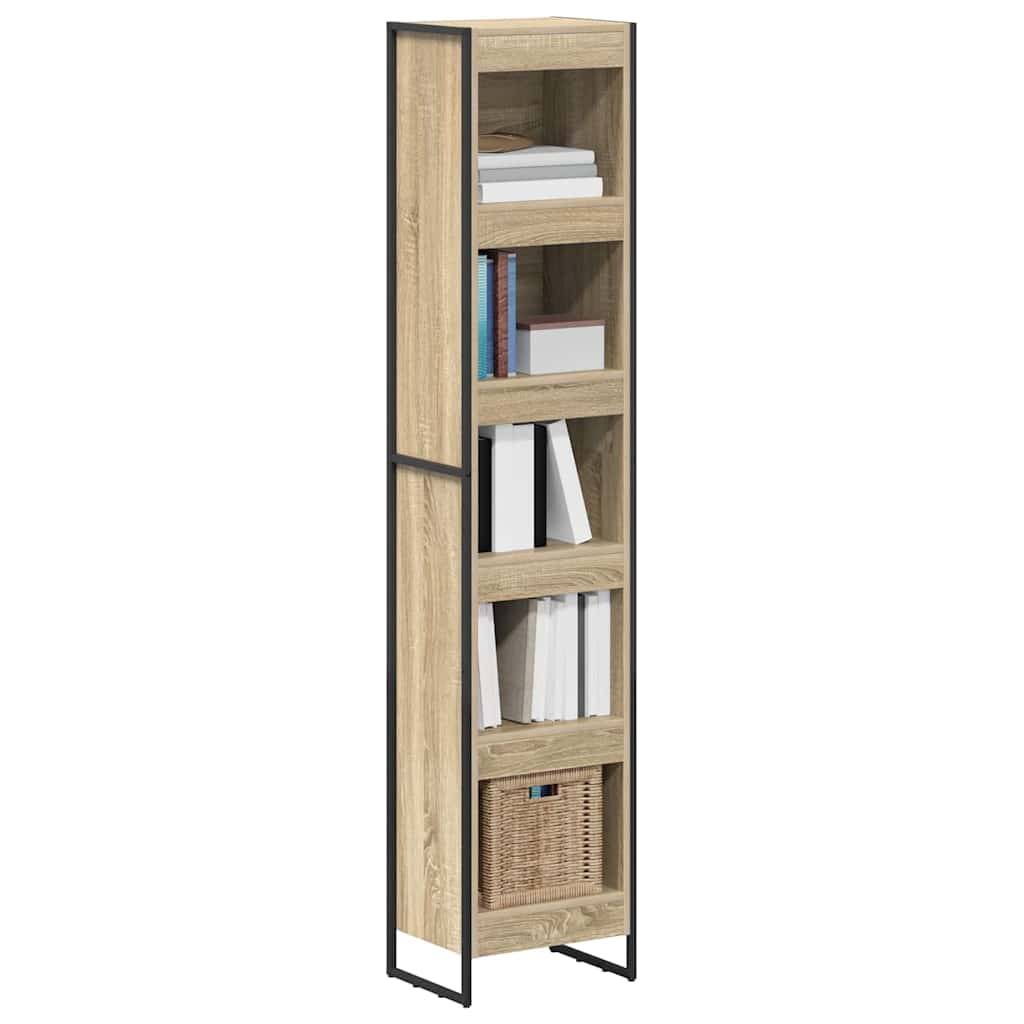 Hohes, schmales Bücherregal aus Holz mit schwarzem Metallrahmen. Enthält verschiedene Bücher und einen geflochtenen Korb auf der untersten Ablage.