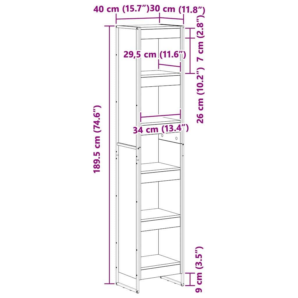 Hohe weiße Regalsäule mit Maßen: Höhe 189,5 cm, Breite 34 cm, Tiefe 40 cm. Ausgestattet mit mehreren Regalböden in unterschiedlichen Höhen.