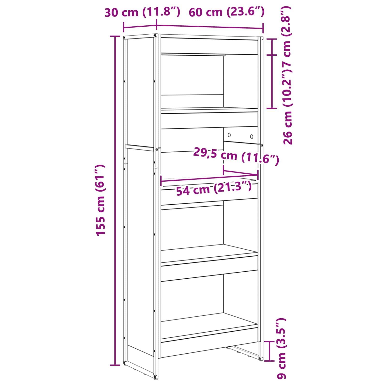 Eine detaillierte Linienzeichnung eines Regalsystems mit Maßen: 155 cm hoch, 60 cm breit und 30 cm tief, mit mehreren Regalen und einer Schublade.