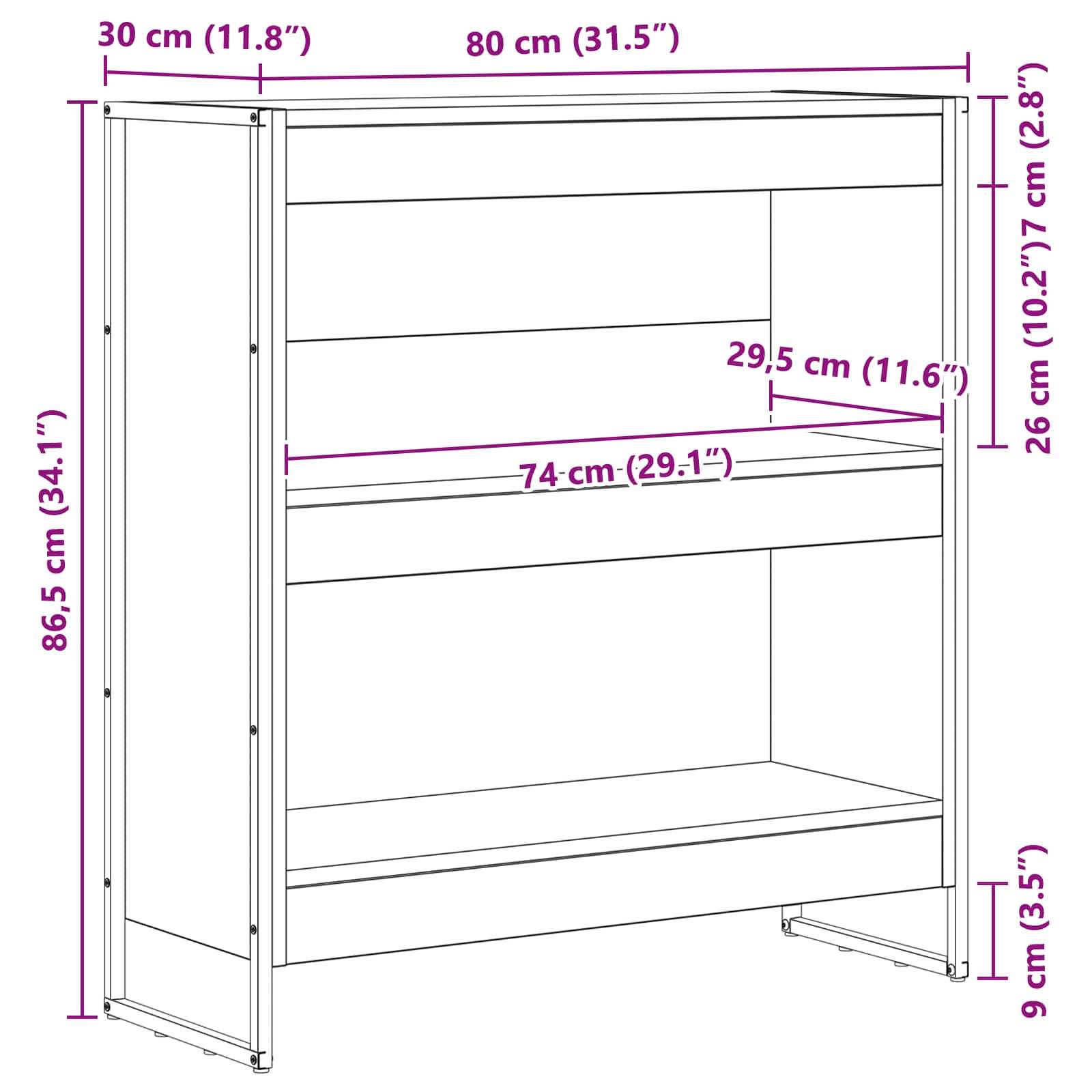 Eine Linienzeichnung eines Regals mit beschrifteten Abmessungen: Höhe 86,5 cm, Breite 80 cm, Tiefe 30 cm. Regalhöhen: 26 cm, 29,5 cm, 9 cm.