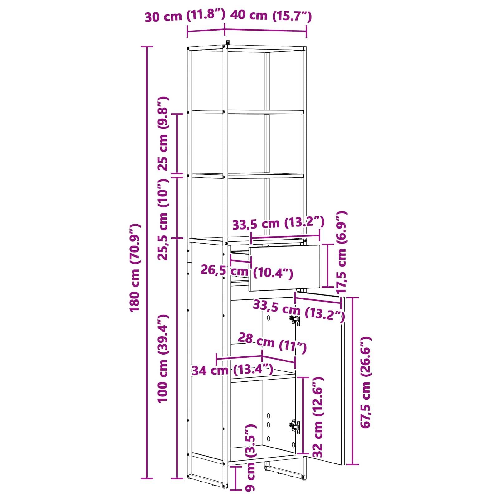 Hohe Regalkonstruktion mit Abmessungen in Zentimetern und Zoll: Höhe 180 cm (70,9