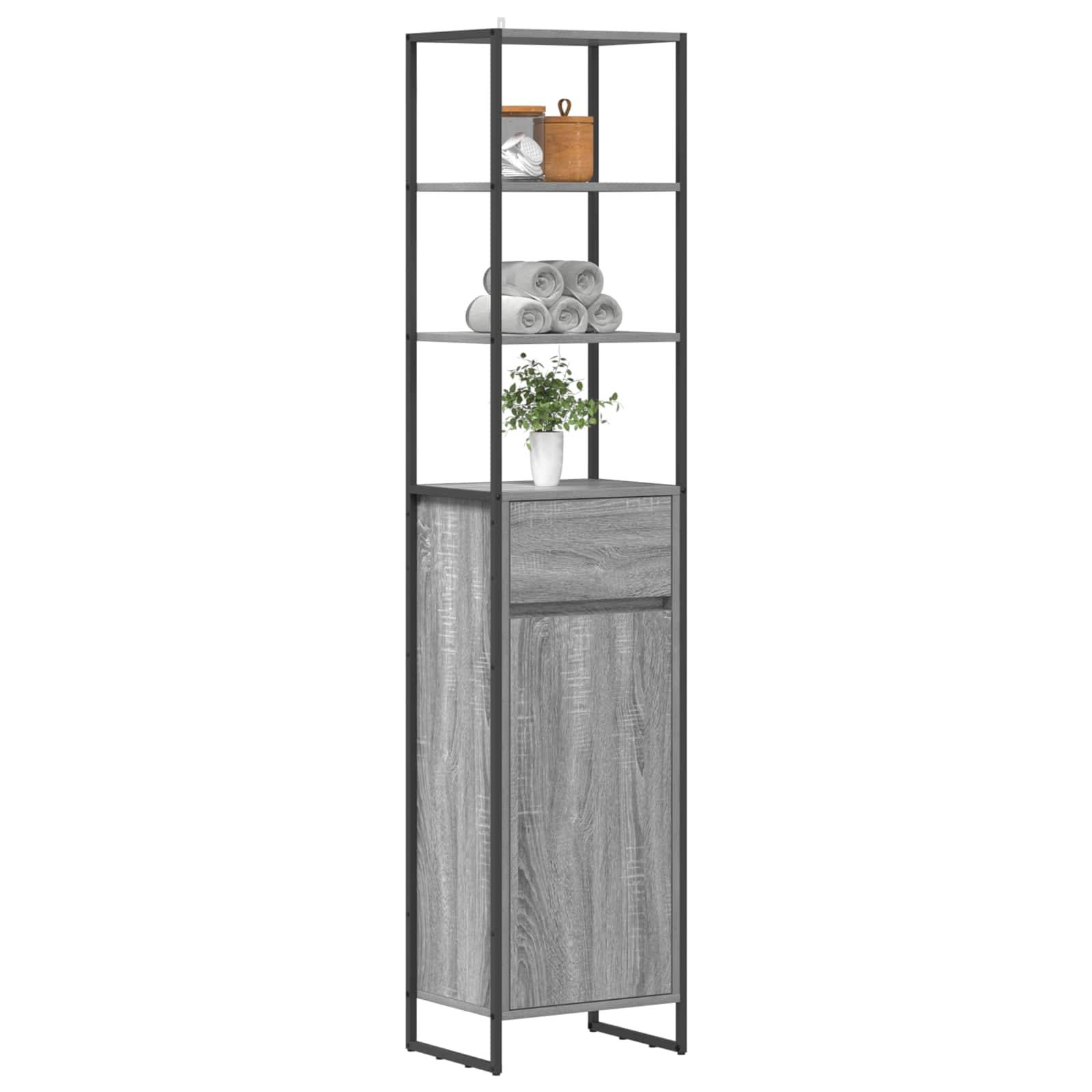Hoher Aufbewahrungsschrank mit offenen Regalen, bestückt mit Handtüchern, einer Topfpflanze und kleinen Gegenständen. Modernes Design mit Holzoberfläche und Metallrahmen.