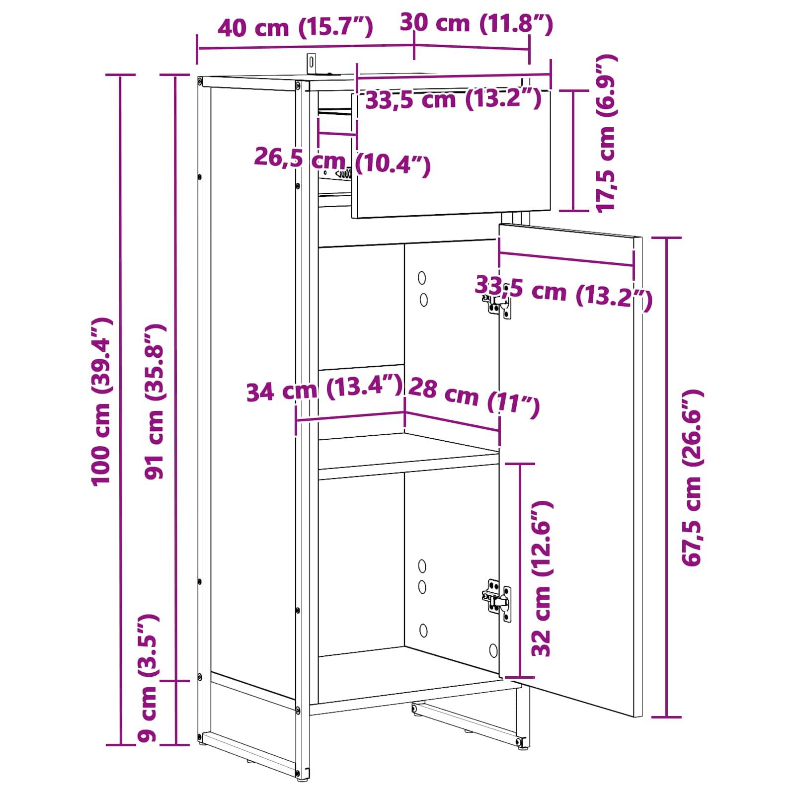 Eine Skizze eines Schranks mit Maßangaben, die eine obere Schublade mit 33,5 cm (13,2