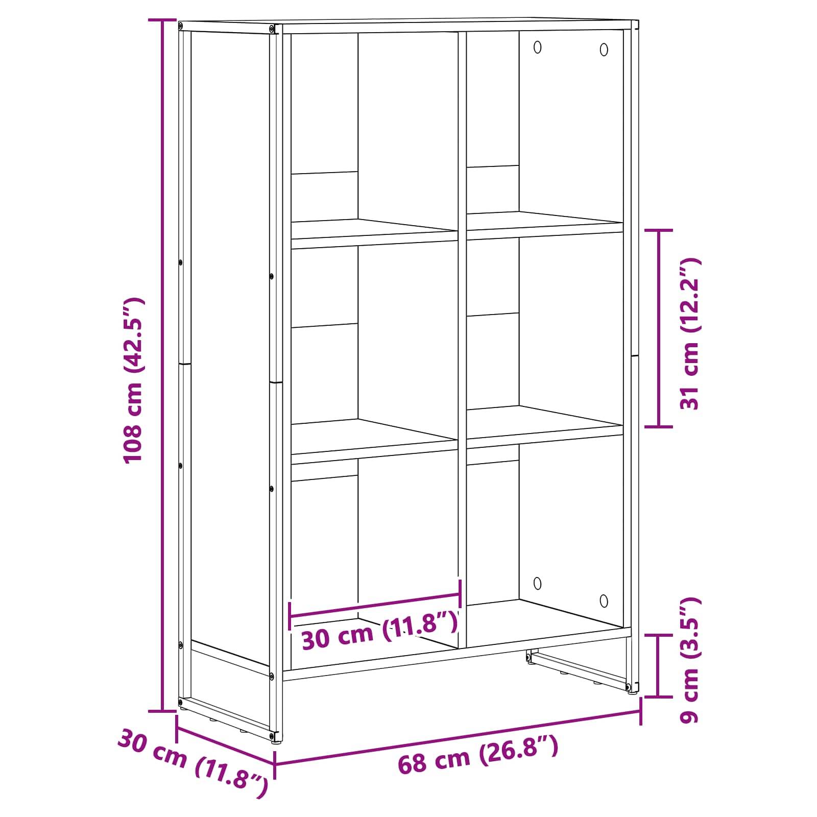 Schematische Darstellung eines Schranks: Höhe 108 cm, Breite 68 cm und Tiefe 30 cm. Enthält zwei Einlegeböden, jeweils 31 cm hoch, mit einem Basisabstand von 9 cm.