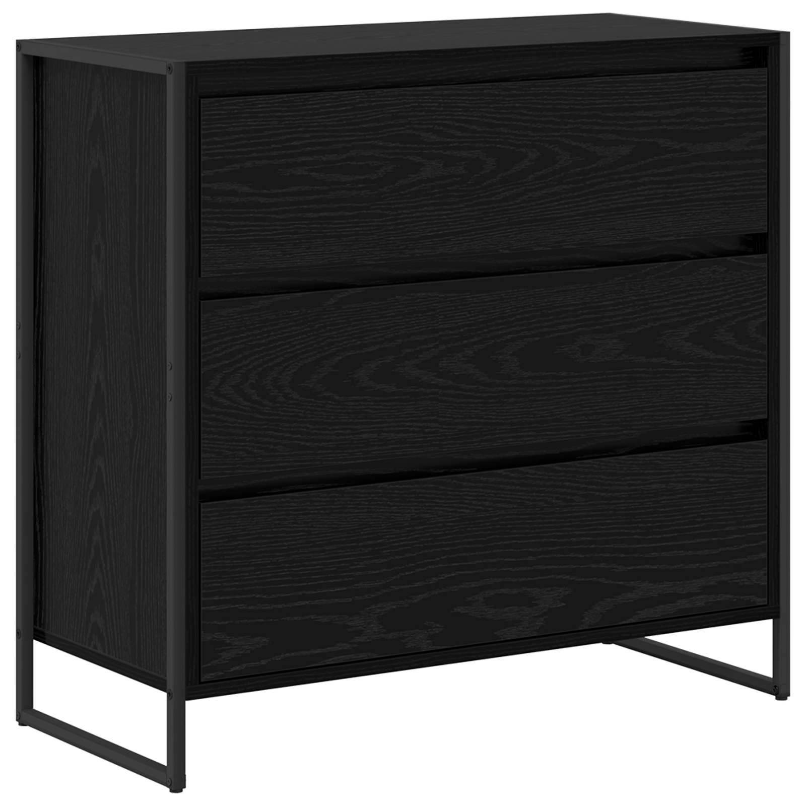 Ein schwarzer, moderner Schubladenschrank mit minimalistischem Design und Metallrahmen, geeignet für ein Schlafzimmer oder Wohnbereich.