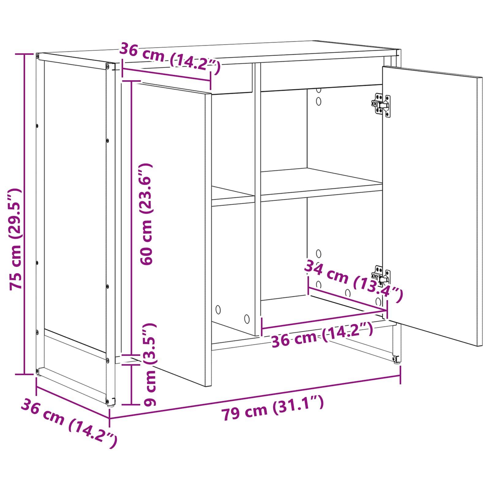 Schemazeichnung eines Schranks mit offenen Türen, die die Innenabmessungen zeigt: 75 cm hoch, 79 cm breit, 36 cm tief. Innere Einlegeböden: 60 cm hoch, 34 cm tief.